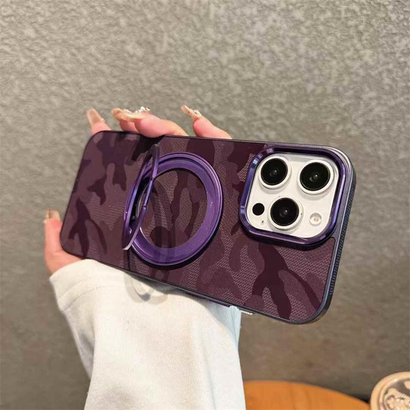 

Розкішна камуфляжна шкіра Охолоджуюча рамка Магнітна підставка Чохол для телефону iPhone 16 15 14 13 12 Pro Max 11 Задня кришка з покриттям із захистом від ударів iPhone 16 Pro Max фіолетовий