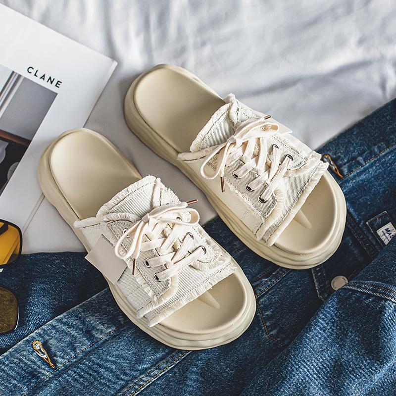 

2922 niche slippers men s summer canvas breathable half-drag men s shoes home outdoor one-pedal dissolved sole sandals 44 - Male Size