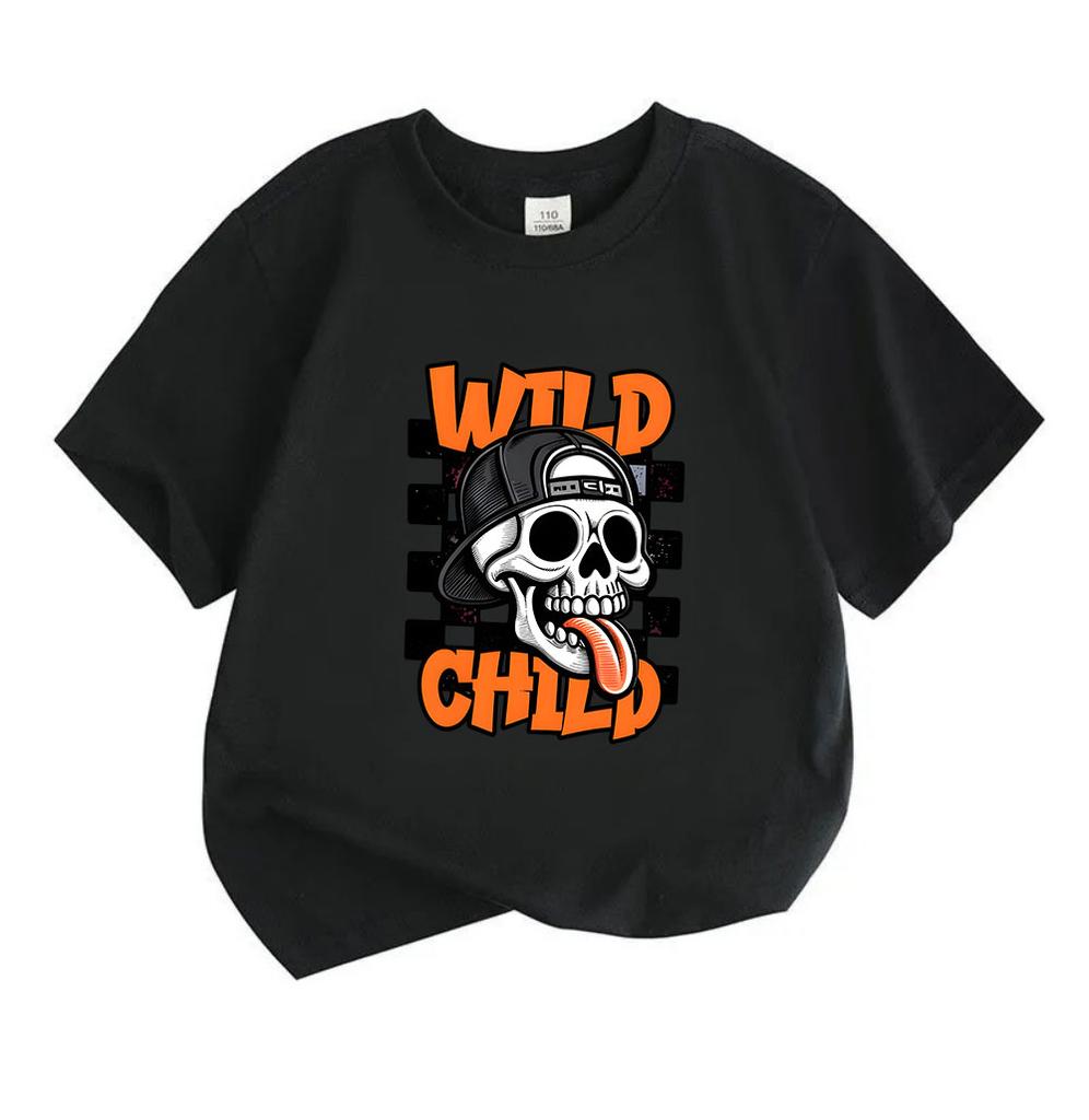 Kids Boys Girls 100% Cotton Crew Neck Short Sleeve T-Shirt, Cool Wild Child Skull Pattern Casual Breathable Tee, Fashion Streetwear Top for Daily Play