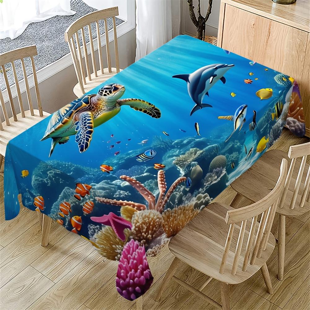 1pc Ocean Rectangular Tablecloth, Sea Turtle, Starfish, Seashell, and Coral Pattern Tablecloth, Holiday Kitchen Dining Table Decoration, Suitable for