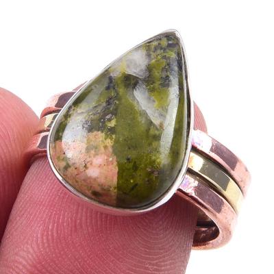 Natürlicher Unakit-Edelstein, handgefertigt, 925er Sterlingsilber, zweifarbiger Ring, Größe 8, v9E33