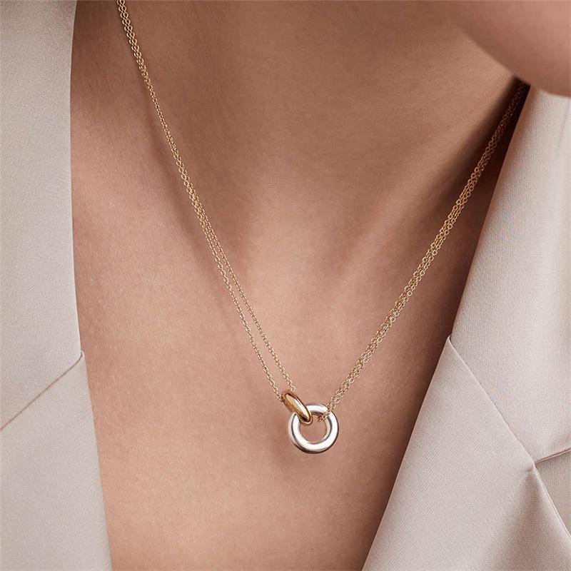 European Style Double Ring Pendant Necklace for Women - 14K Gold Plated Titanium Steel Clavicle Chain