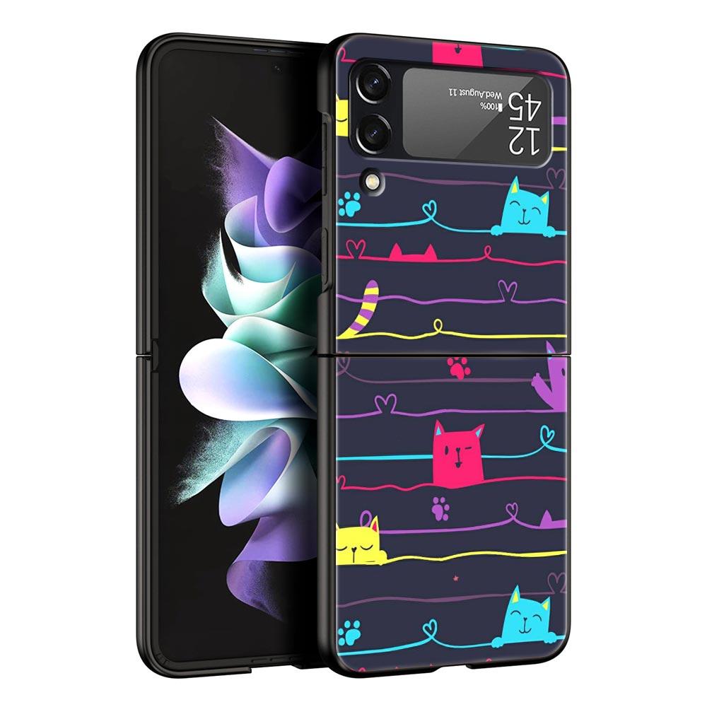 Abstract Creative Cute Cat Line Pattern Hard PC Phone Case For Samsung Galaxy Z Flip 7 6 5 4 Black Cover For Galaxy Z Flip 3 Bag