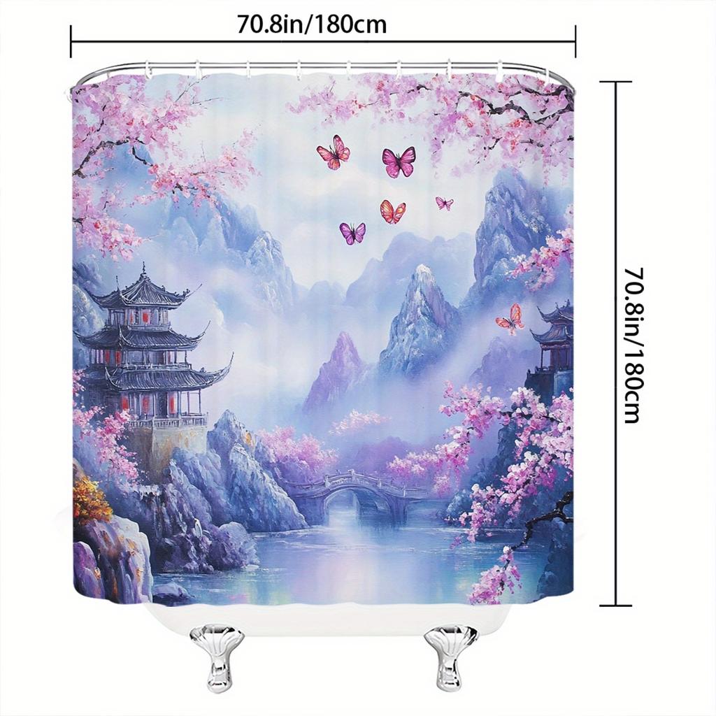 Serene Chinese Landscape Bath Curtain - Cherry Blossoms, Pagoda, Stone Bridge, Misty Mountains, Polyester,  Machine Washable