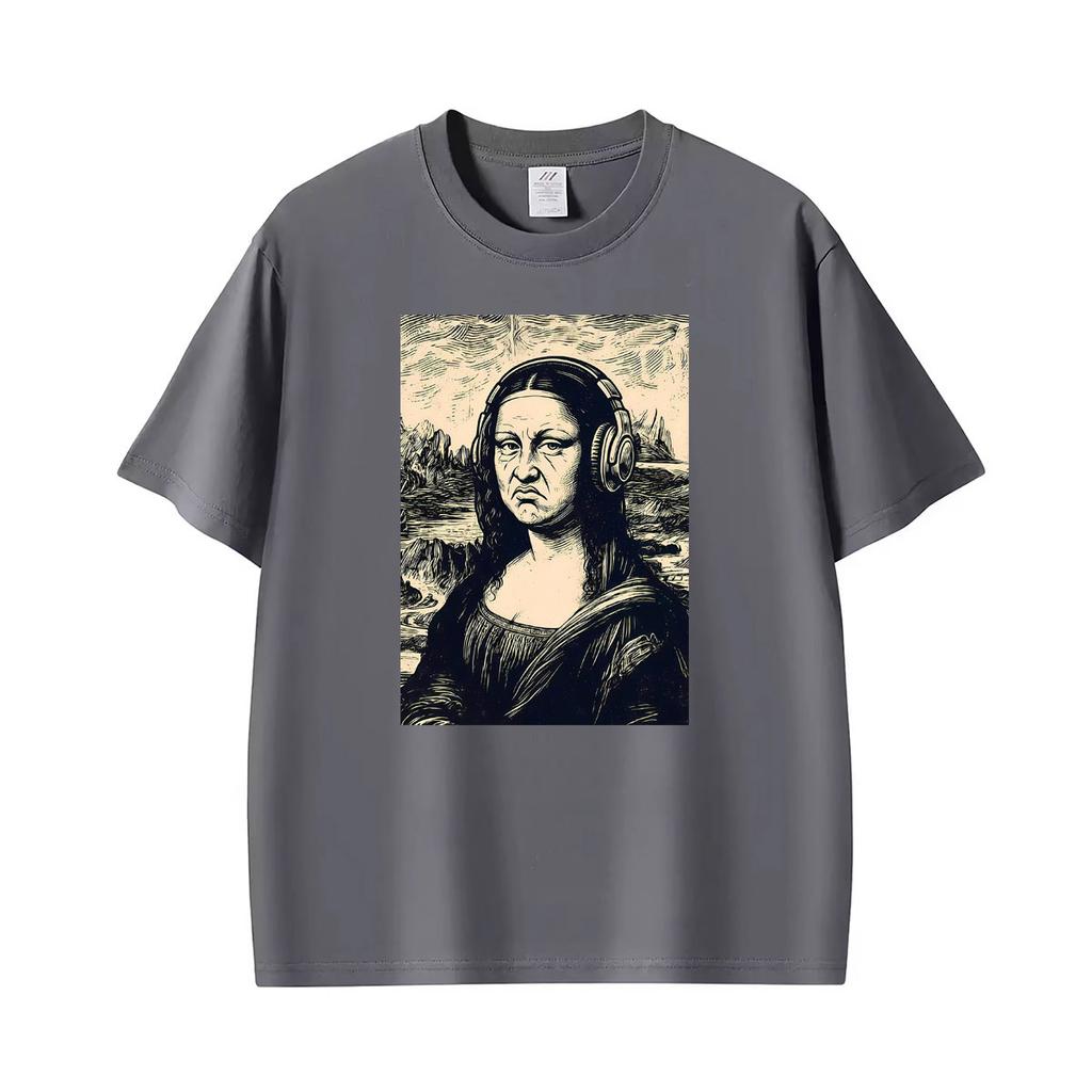 Vintage Mona Lisa Headphones Funny Disgust Face Parody Art T Shirts Unisex Unisex Casual Cotton Fashion T Shirt Short Sleeve Tshirt