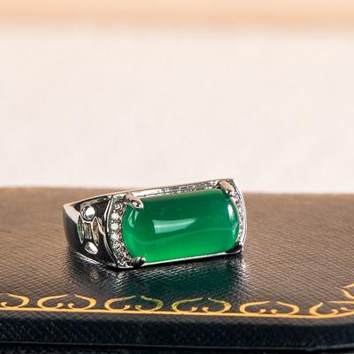 Zircon Green Square Shape Hollow Out Green Chalcedony Resizable Gorgeous Men's Ring Fine Temperament Jewelry Size Anniversary Party