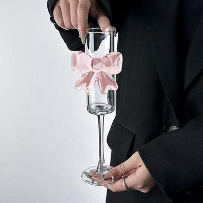 2pcs INS Style Clear Pink Bow Champagne Glass Ultra Thin 160ML Champagne Flutes 3D Bow Drinking Glasses Gift