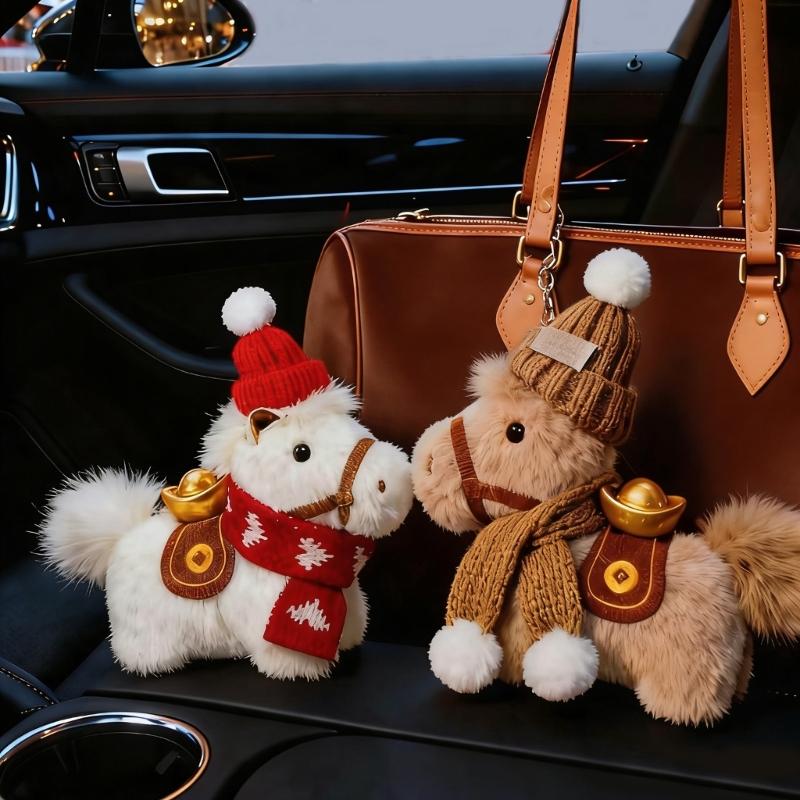 Adorable Plush Horse Mascots Keychain Featuring Festive Knitted Cap Scarf and Lucky Gold Ingot for Holiday Car Ornament Decoration