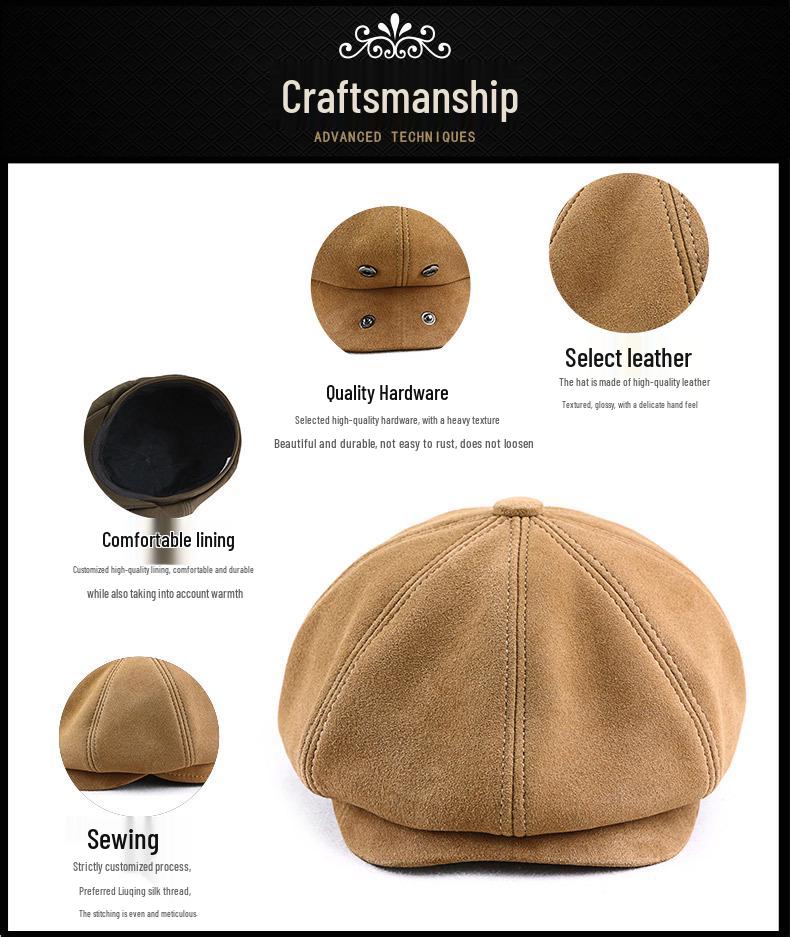 Men's Sheepskin Suede Newsboy Cap: Retro Octagonal Flat Beret for Spring and Autumn.