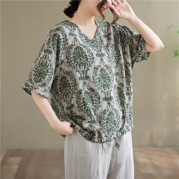 Summer Printed Short-sleeved T-shirt V-neck Cotton and Linen Loose Large-size Women's Top T-shirt Cotton and Linen Shirt