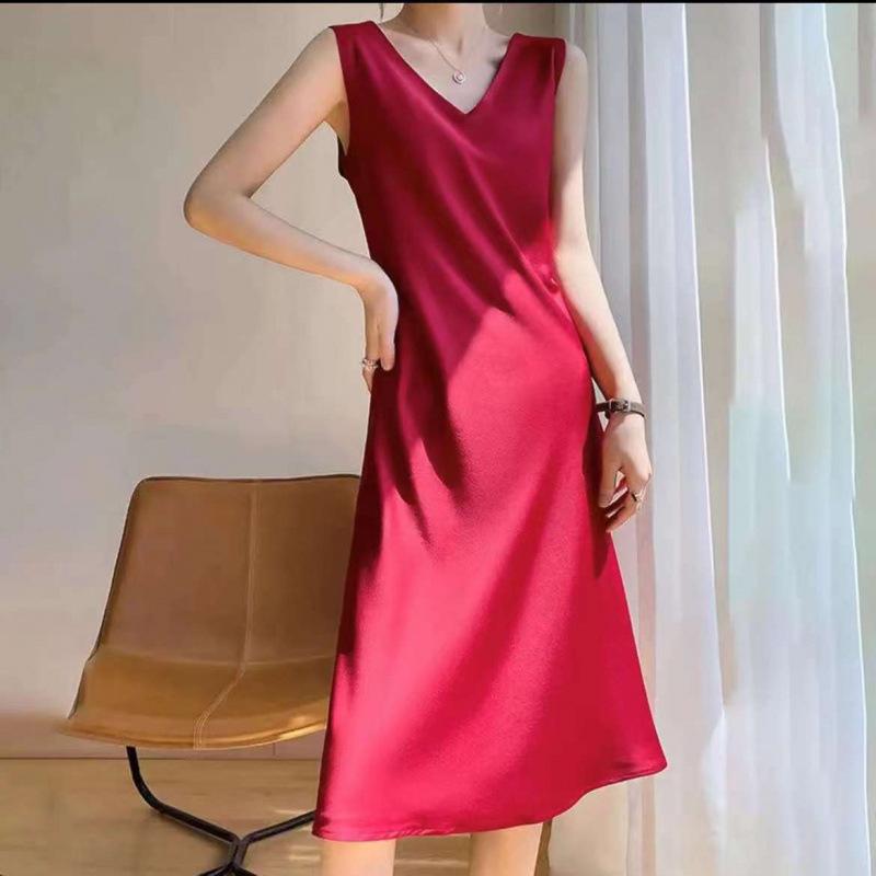 

Женское длинное платье-комбинация без рукавов из ацетатного атласа - однотонное, коллекция весна/лето 2XL (110-125 jin)