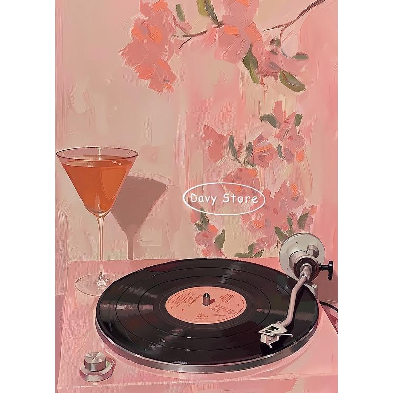 Vintage Record Player Cassette Tape Music Poster Eclectic Pink Wall Art Print Retro Canvas Painting Bar Home Decor Aesthetic