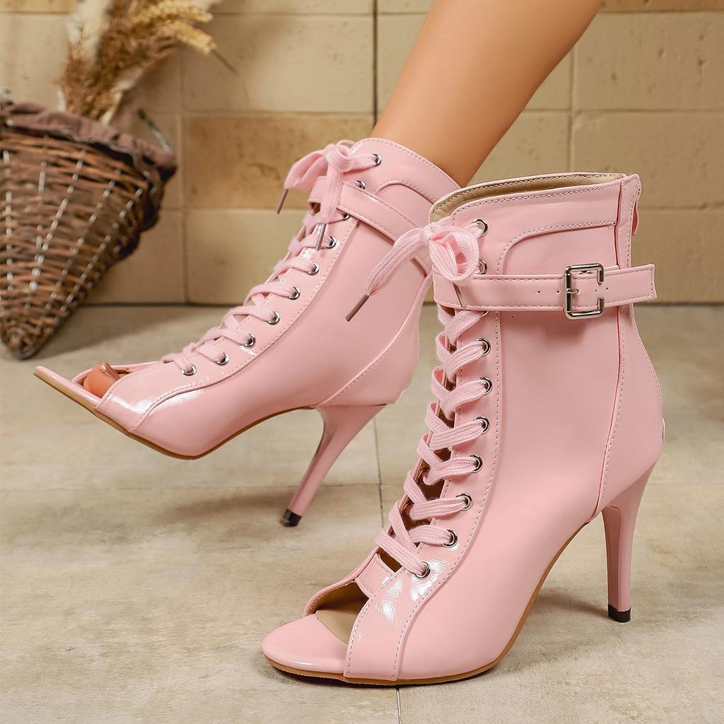 Sexy Fish Mouth Stiletto Sandals New Round Toe Open Toe Lace-Up Belt Buckle Zipper Non-Slip Heel Booties High Heel Pumps