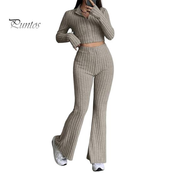 2 Pcs/Set Women Spring Commuting Outfit Top Flared Pants Set Zipper Closure Thread Stand Collar Coat High Waist Sport Tracksuit Elastic Daily Clothes