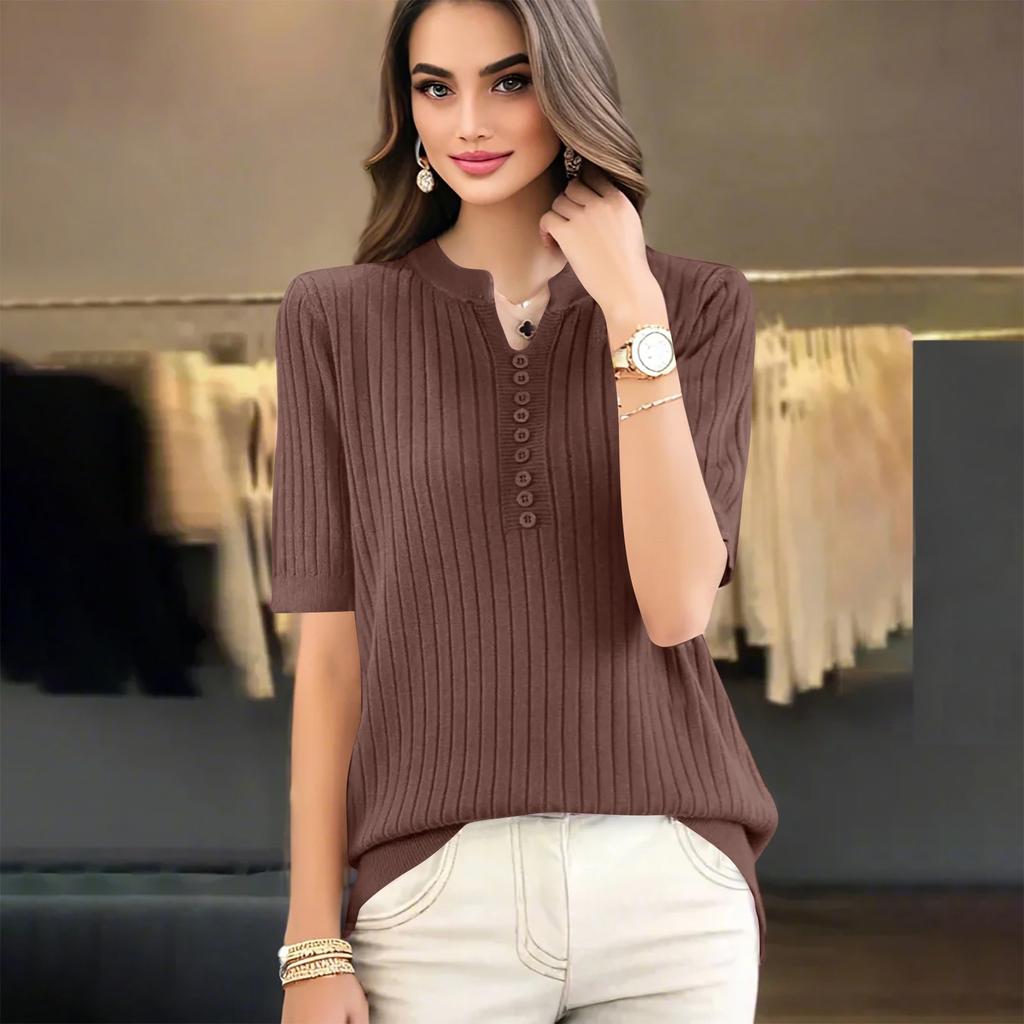 Fashion Knit Sweater Short Sleeve V-neck Slim-Fit Base Shirt Short Sleeve Top For Women