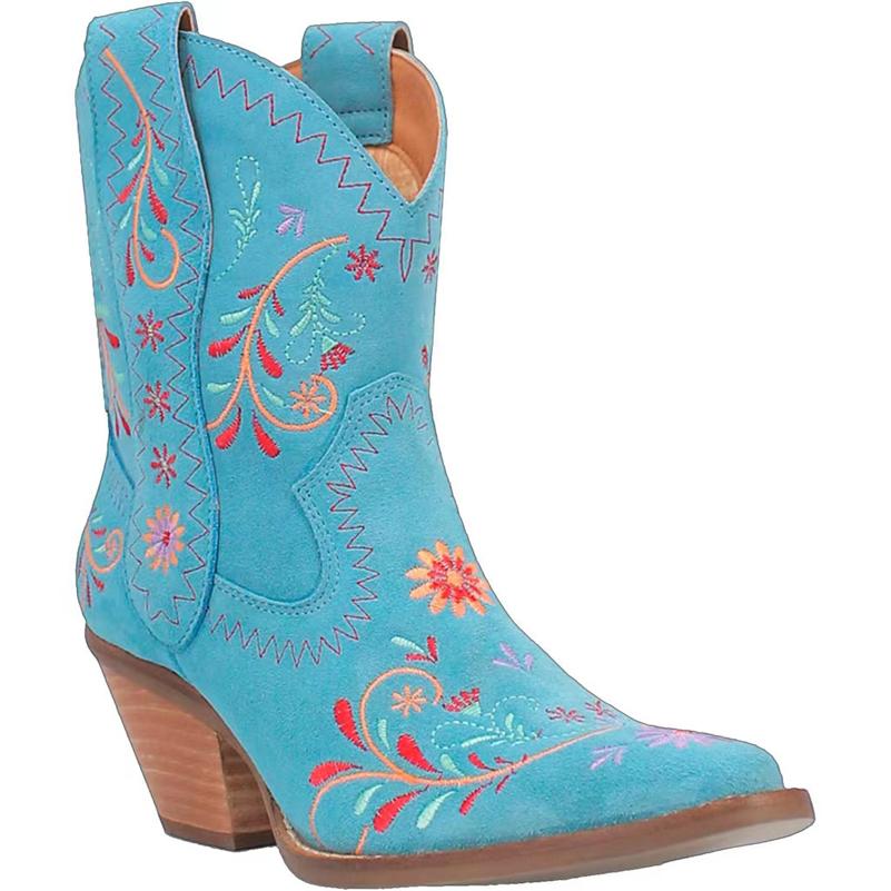 Women Ankle Short Boots Round Toe Thick High Heels Embroidery Flower Western Cowboy Boots Ladies Fashion Shoes Winter 46