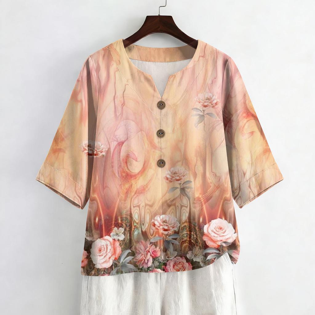 Women's Summer Fashion V-Neck 3/4 Sleeve Shirt Casual Loose-Fit Floral Print Top
