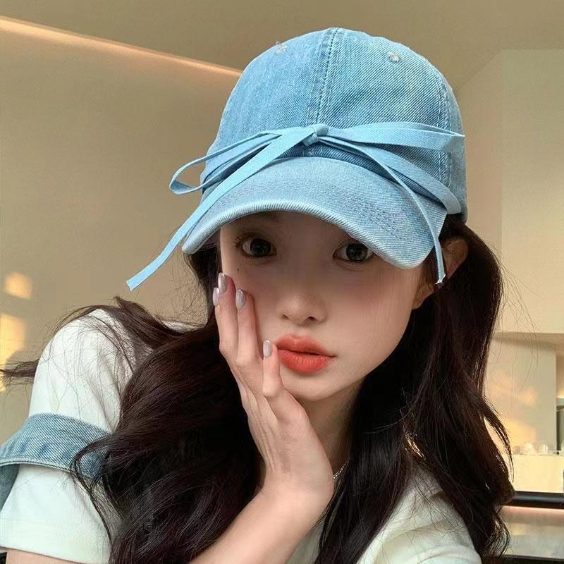 Cowboy baseball cap with bow, adjustable, niche Korean original design duckbill cap, making the face look smaller