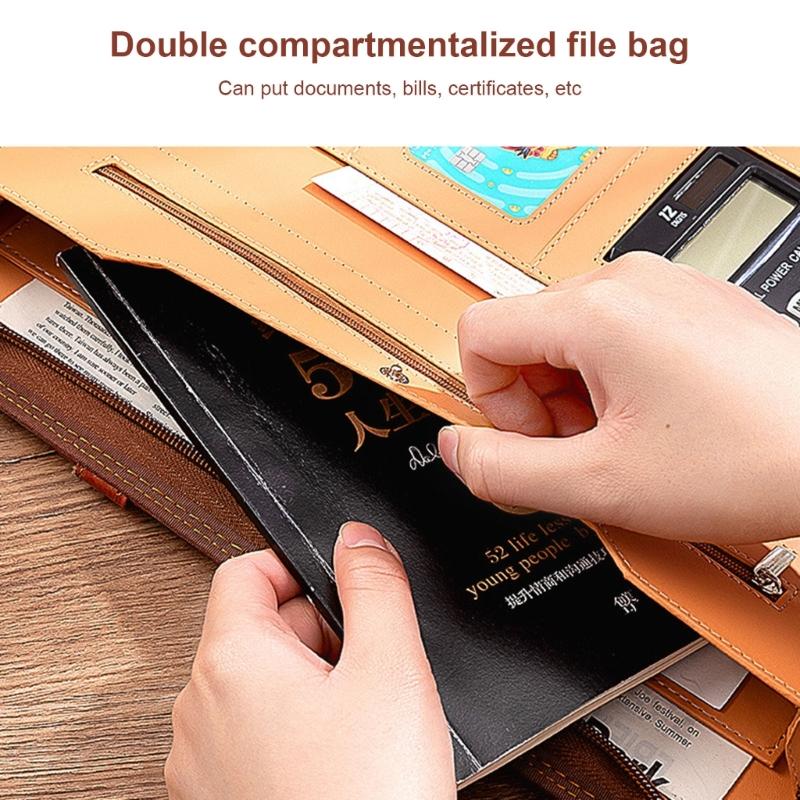 Leather Conference Folder Zippered Business Document Case with Calculator Clipboard Multiple Pocket Card Holder Pen Slot