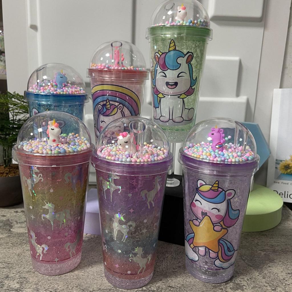 New High-value Unicorn Straw Cup,Portable Cartoon Plastic Water Cups, Double-layer Glitter Crushed Ice Cup, Holiday Gift Tea Cup