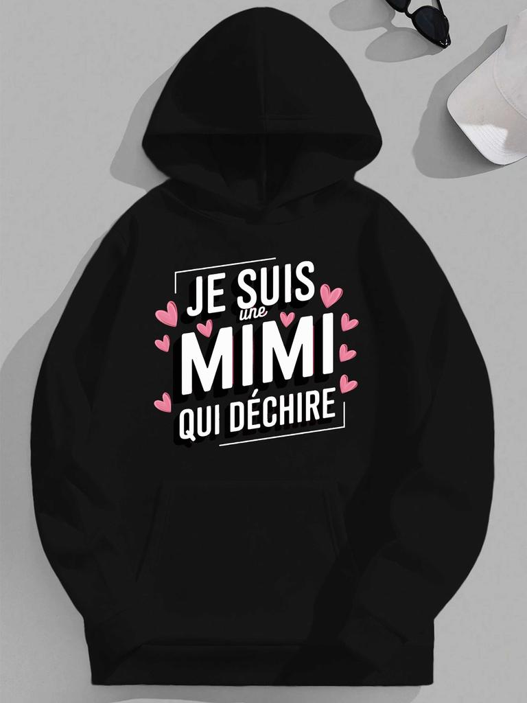 Plus Size Unisex Hooded Sweatshirt with French Phrase and Hearts | Casual Long Sleeve, Slight Stretch Fabric, Hooded Collar