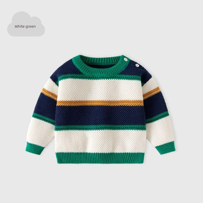 Intercolor Striped Korean Style Knitted Sweater for Boys, Autumn and Winter Children s Pullover Top, Baby Long-Sleeved Round Neck Sweater White Green-Bd957 130