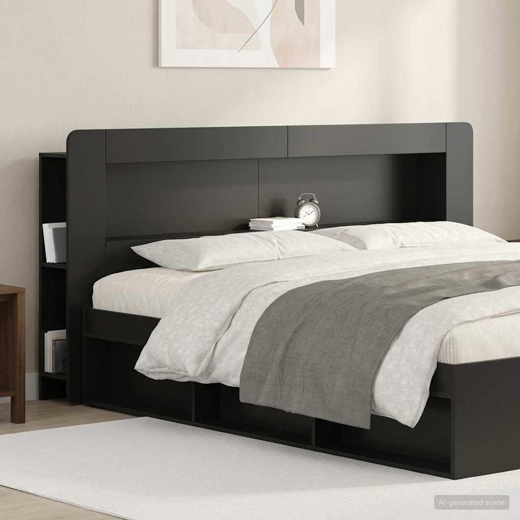 Headboard Cabinet with Storage Black Wood Based Material