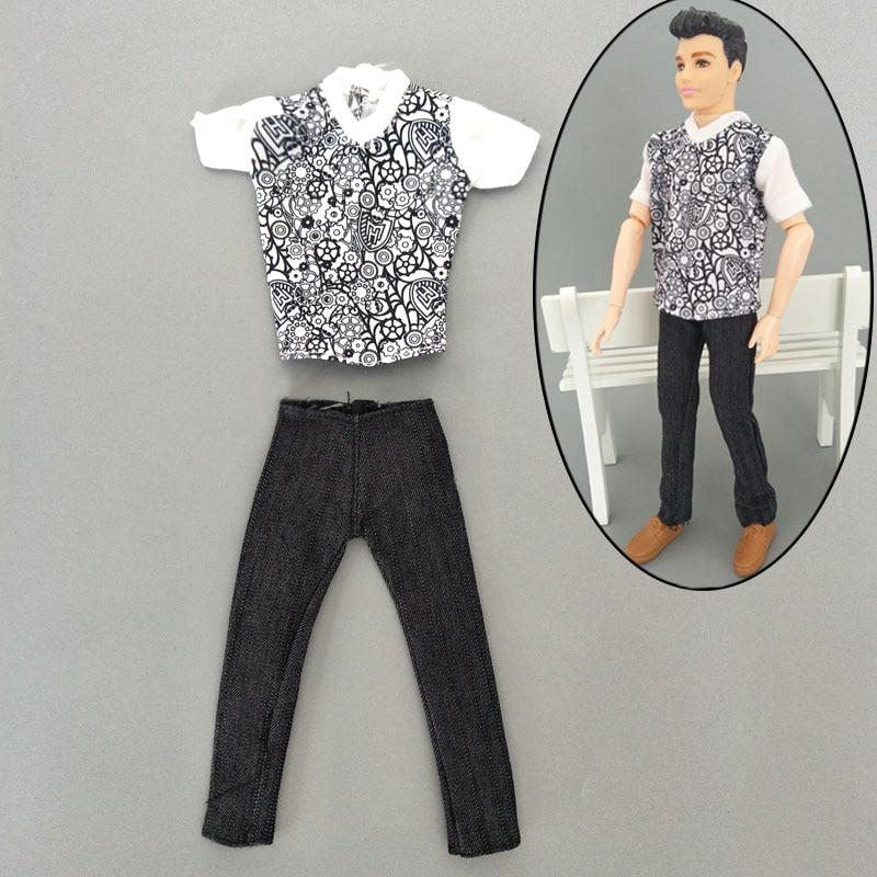 1set 1/6 Boy Doll Clothes For Ken Doll Painted Flower Shirt & Black Pants Trousers For Barbie Boyfriend Ken Prince Dolls Kids Toy
