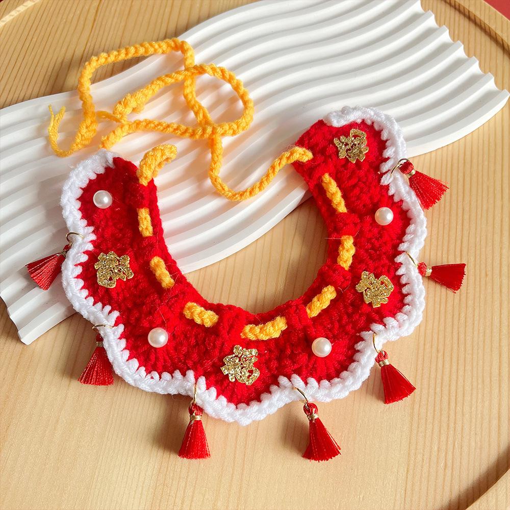 Hand Woven Cat Collars Adjustable Red New Year Dog Scarf Tassel Fortune Spring Festival Decoration Pet New Year Accessories