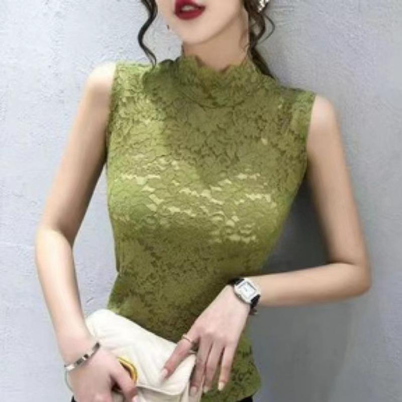 Autumn Women's Black Lace Turtleneck Top Sleeveless Sheer Floral Lace Slim Layering Blouse