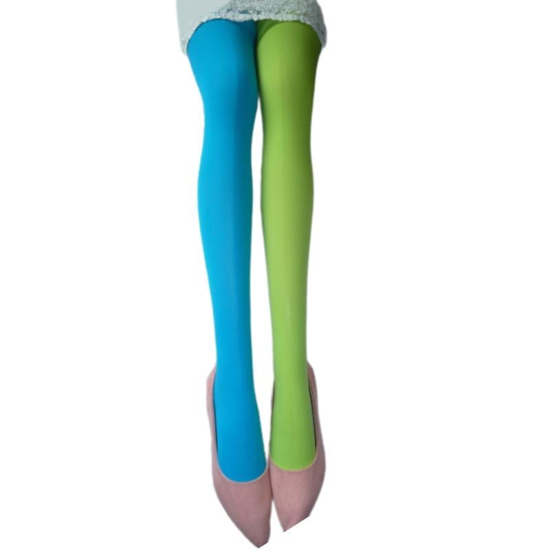 Two Tone Candy Colored Contrast Tights Stockings Open Crotch Designs Asymmetrical Multicolor Pantyhose Hosiery for Women