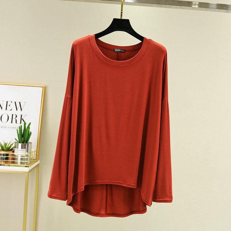 Women's Loose Modal Cotton Long Sleeve Top - Spring/Summer Plus Size Lightweight Slimming Round Neck Solid Color Base Layer.