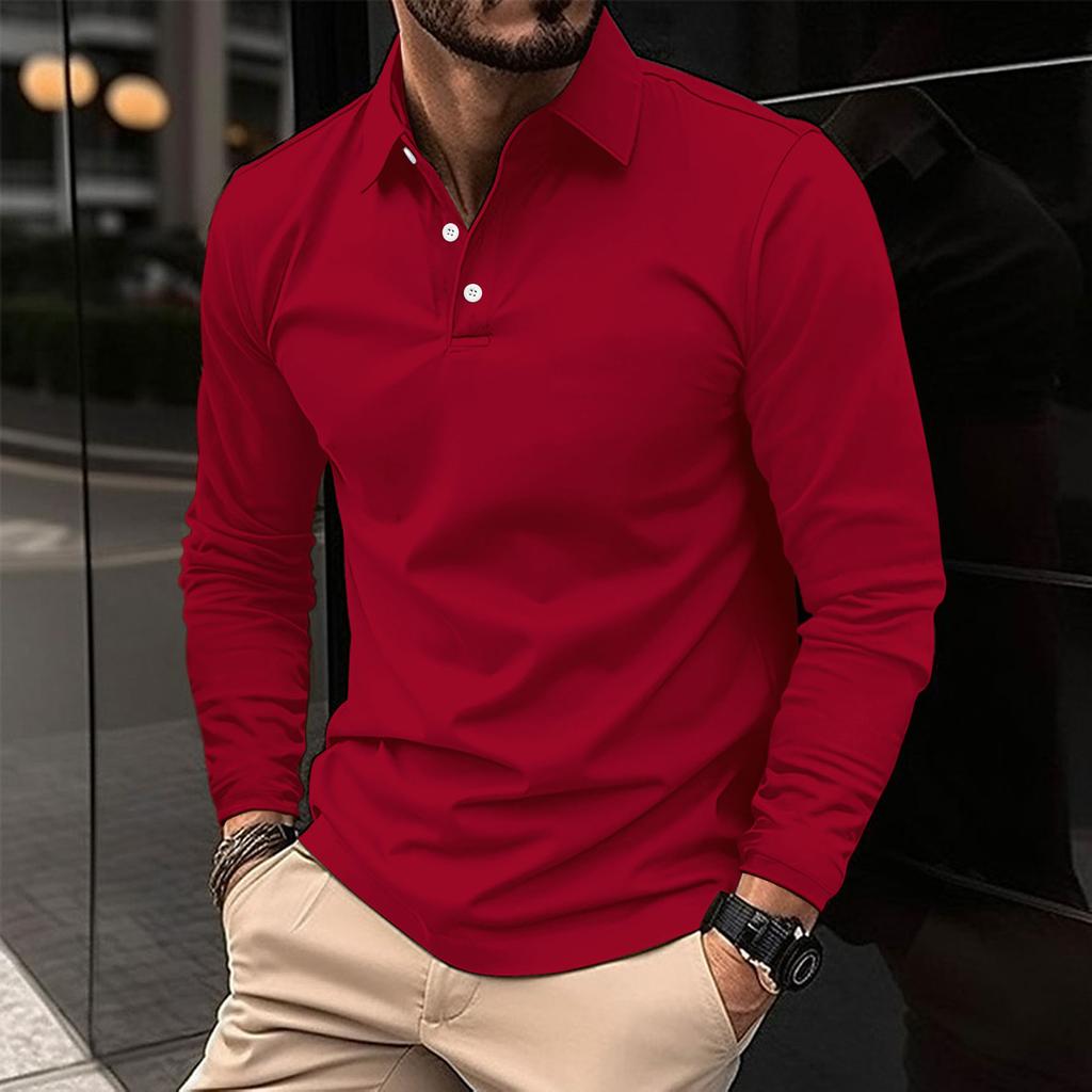 Fashionable Men's Polo Shirt Men's Long-Sleeved Sports Top Solid-Colour Loose-Fit Tops