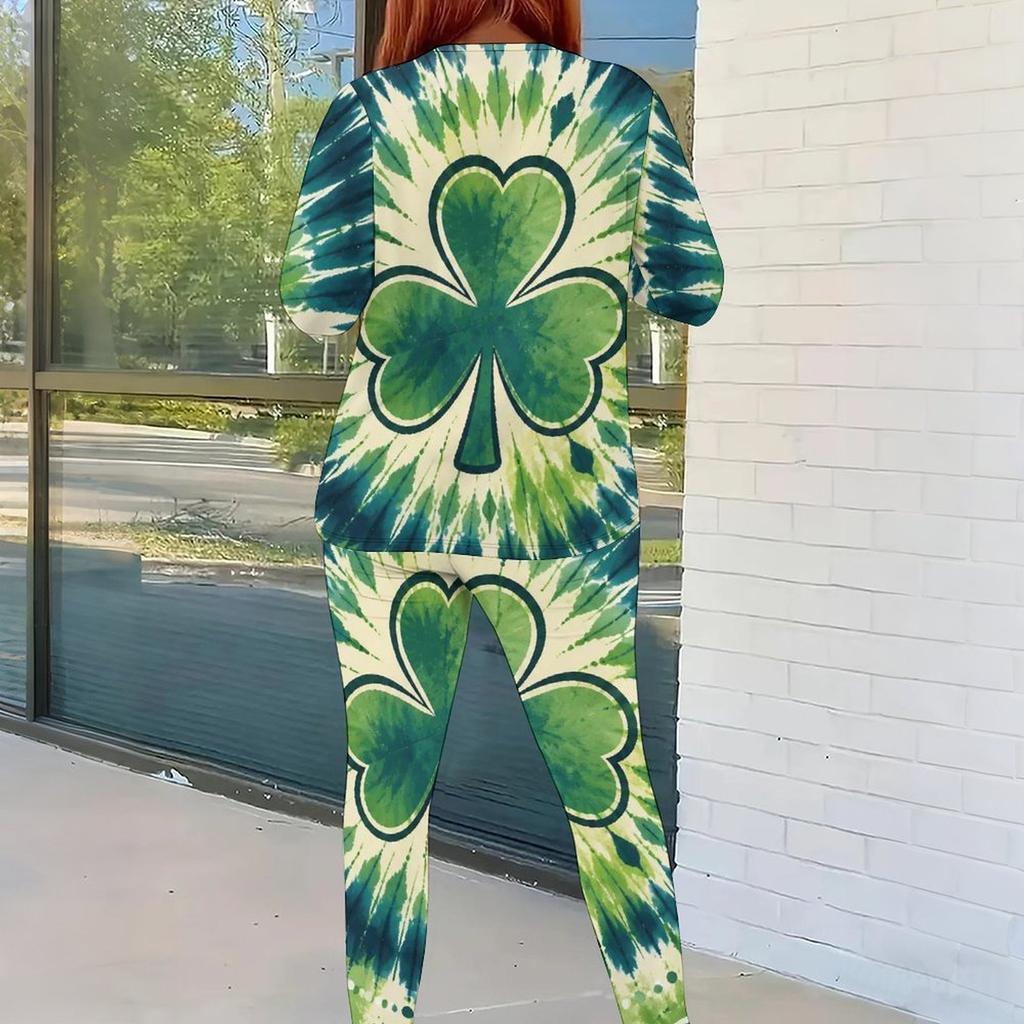 Women Plus Size Round Neck Long Sleeve Tie Dye Shamrock Printed Two Piece Pants Set