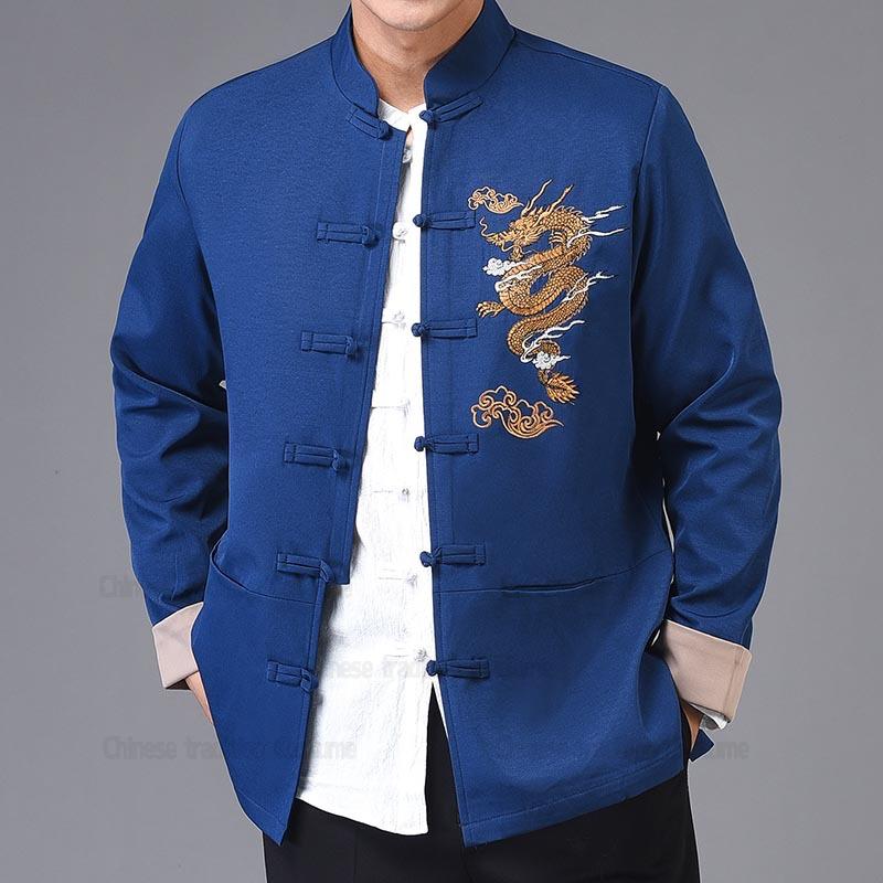 Chinese Style Hanfu Tang Clothes Men Balck Jackets Cotton Embroider Dragon Kong Fu Costume Traditional China Clothing Plus Size