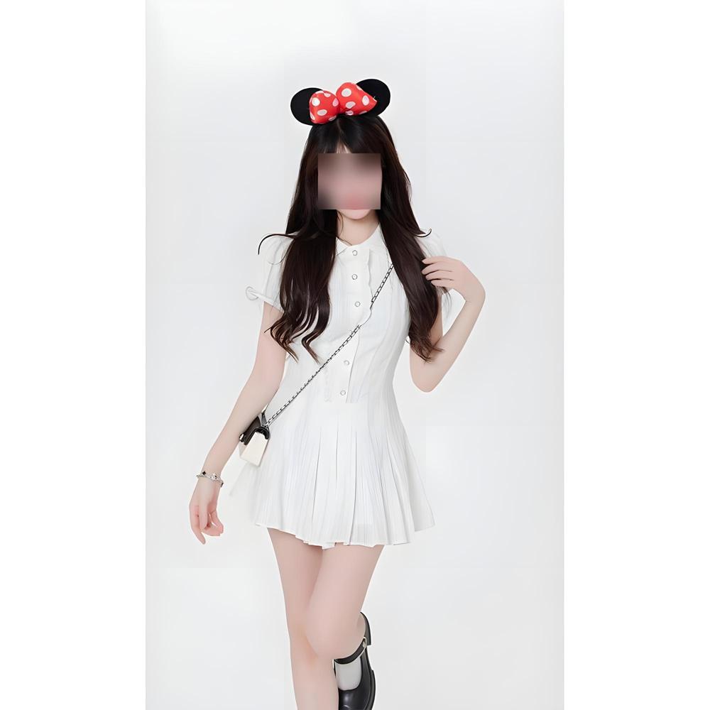 Academy style bubble sleeves white shirt dress children summer temperament small waist skirt
