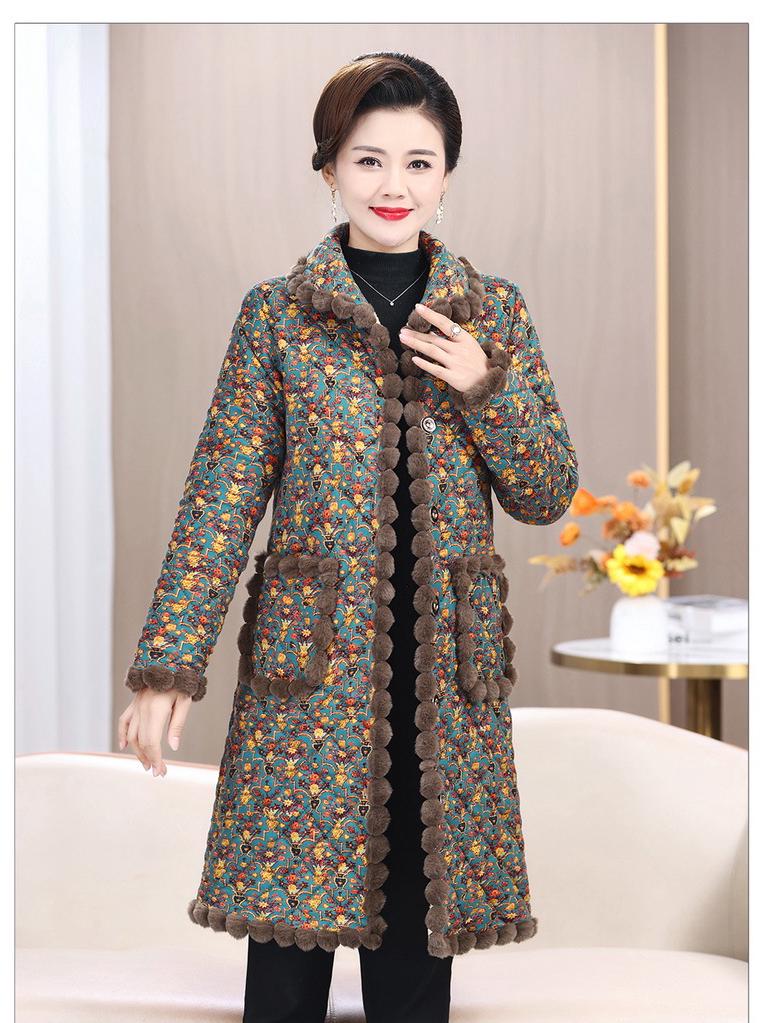 Velvet-Enhanced Floral Cotton Quilted Jacket for Middle-Aged & Elderly - Warm Mid-Length Coat for Autumn/Winter.