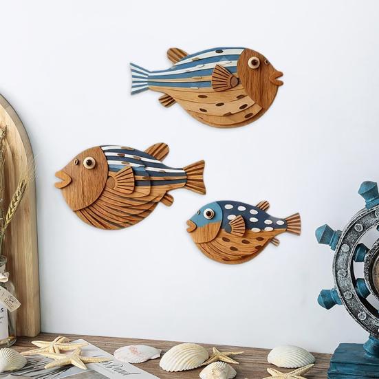 3 Pezzi Pesci in Legno Decorazione Murale Nautica da Spiaggia, Scultura Murale Rustica di Pesci Sospesa per Casa sul Lago, Stanza dell'Oceano, Bagno, Camera da Letto