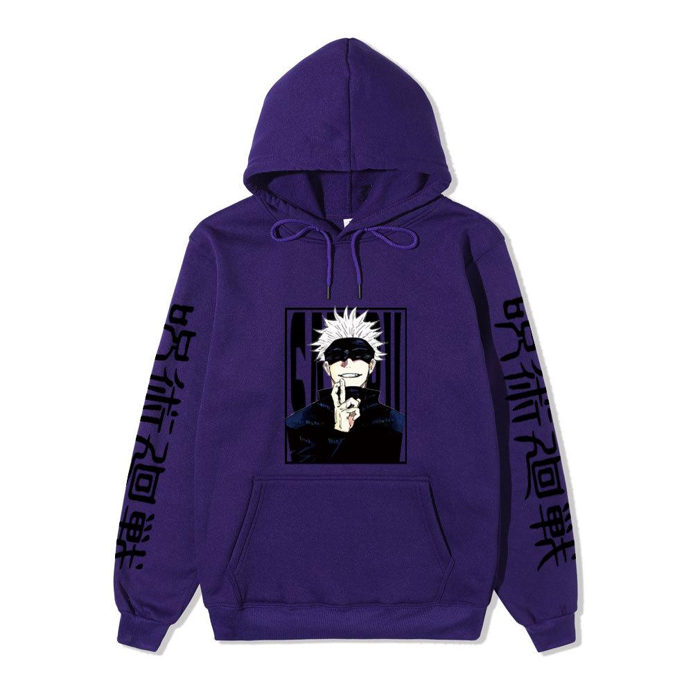 Jujutsu Kaisen Satoru Gojo Unisex Fleece Hoodie Autumn Winter Anime Character Japanese Kanji Sleeve Print Long Sleeve Pullover Sweatshirt