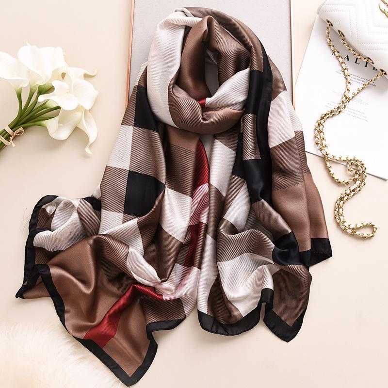 Designer Women Silk Scarf Luxury Plaid Long Satin Scarves Beach Pareo Stole Foulard Femme Bandana Hijab Lady Shawls Wraps