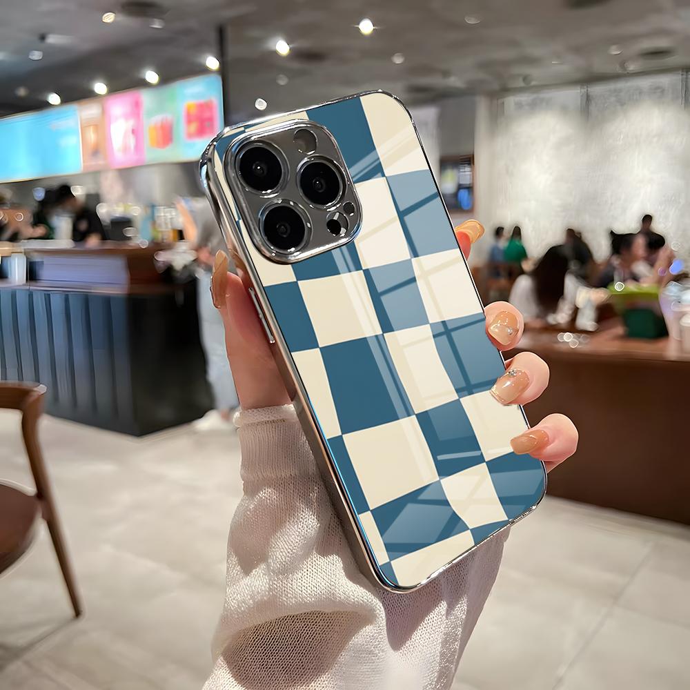 C-Checkerboard Phone Case For IPhone 17 Pro Max 15 Pro 16 14 Plus 12 13 Mini 11 Pro Shockproof Electroplated Glass Cover