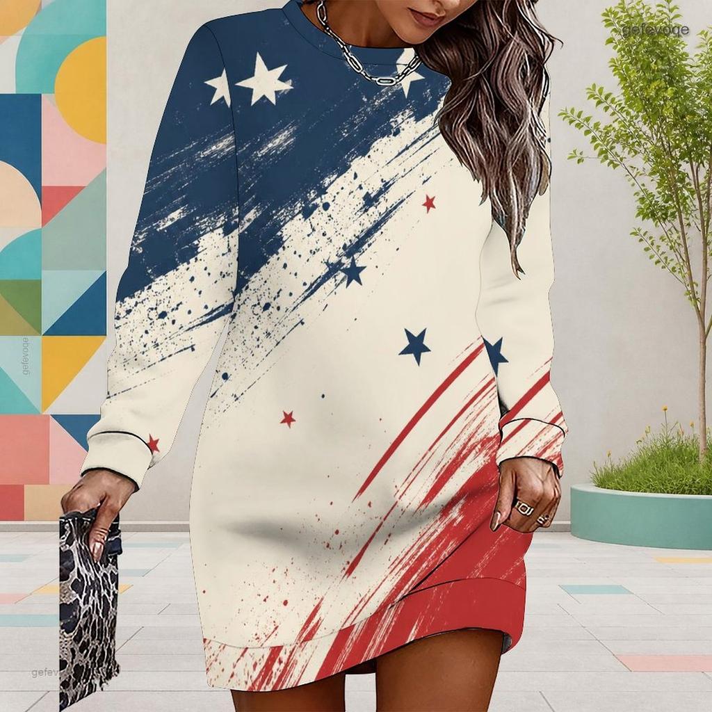 Women Plus Size Round Neck Long Sleeve American Eagle Printed Sweatshirt Mini Dress
