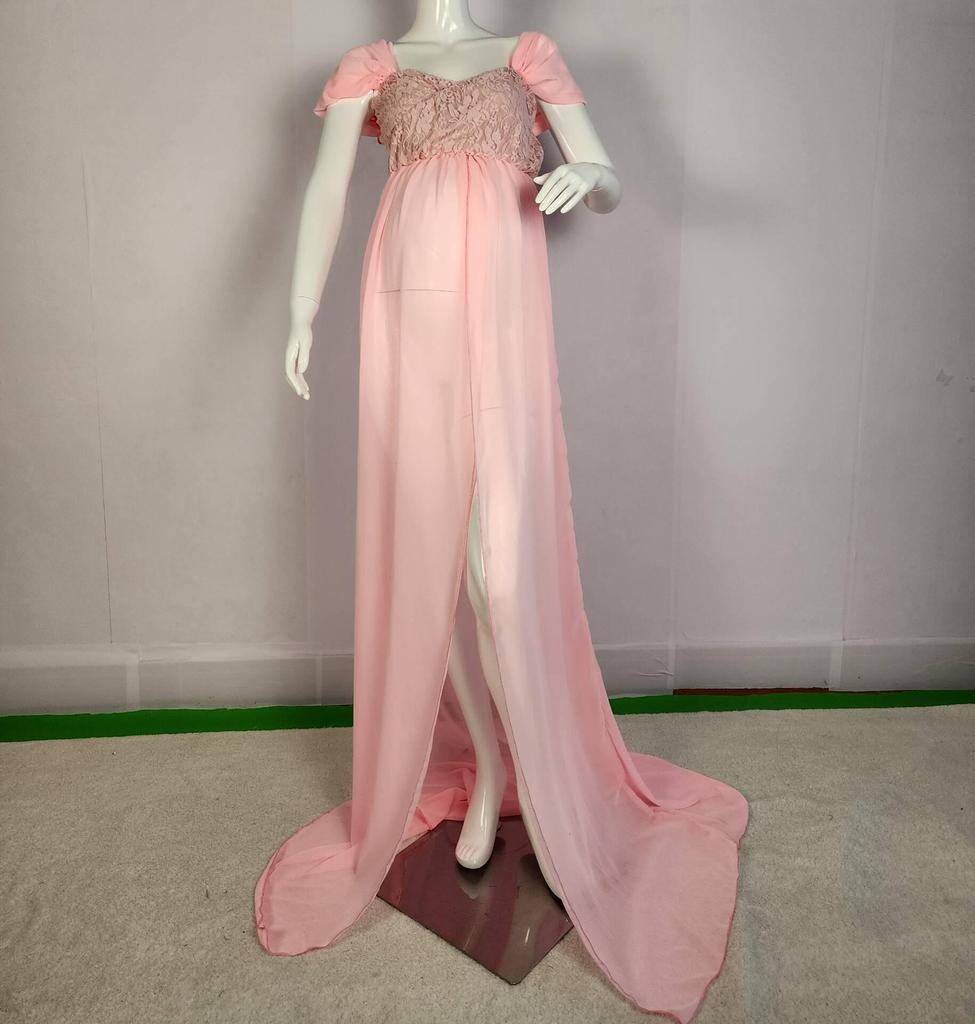 Elegant Lace & Chiffon Elastic Maternity Gown for Photoshoots