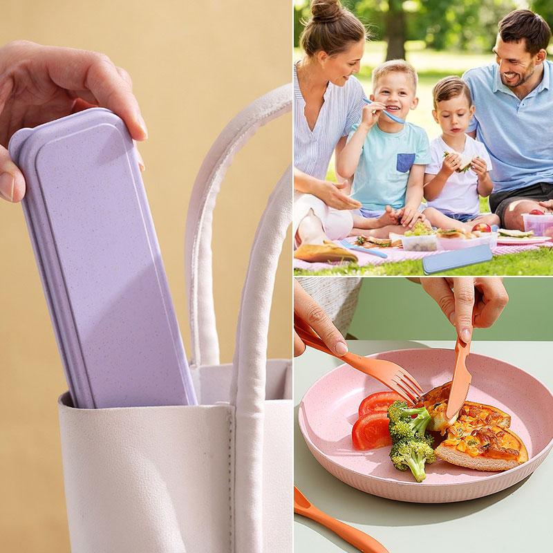 3In1 Wheat Straw Dinnerware Set Portable Reusable Cutlery Sets Knife Fork Spoon Chopsticks Travel Utensil Box Camping Tableware
