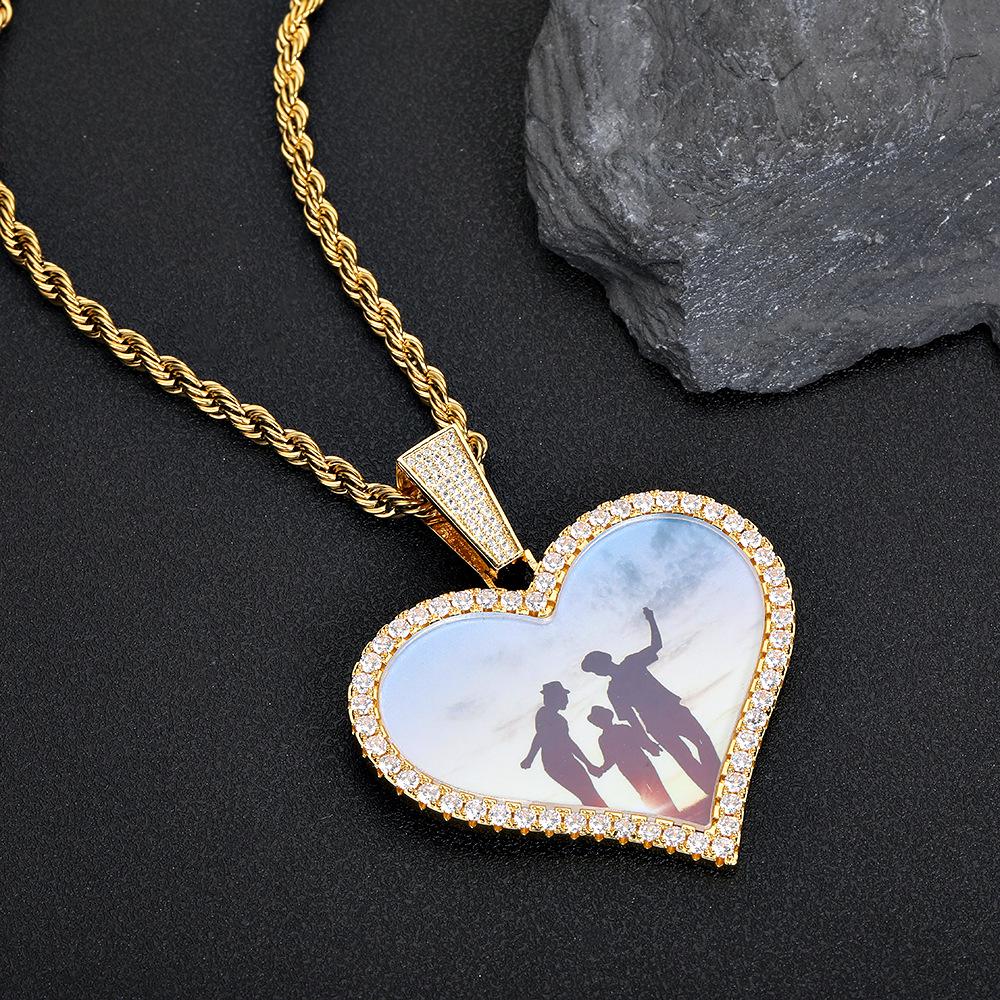 Personalized Men's Heart Pendant: European & American Hip Hop Necklace with Zircon-Embellished Photo Frame