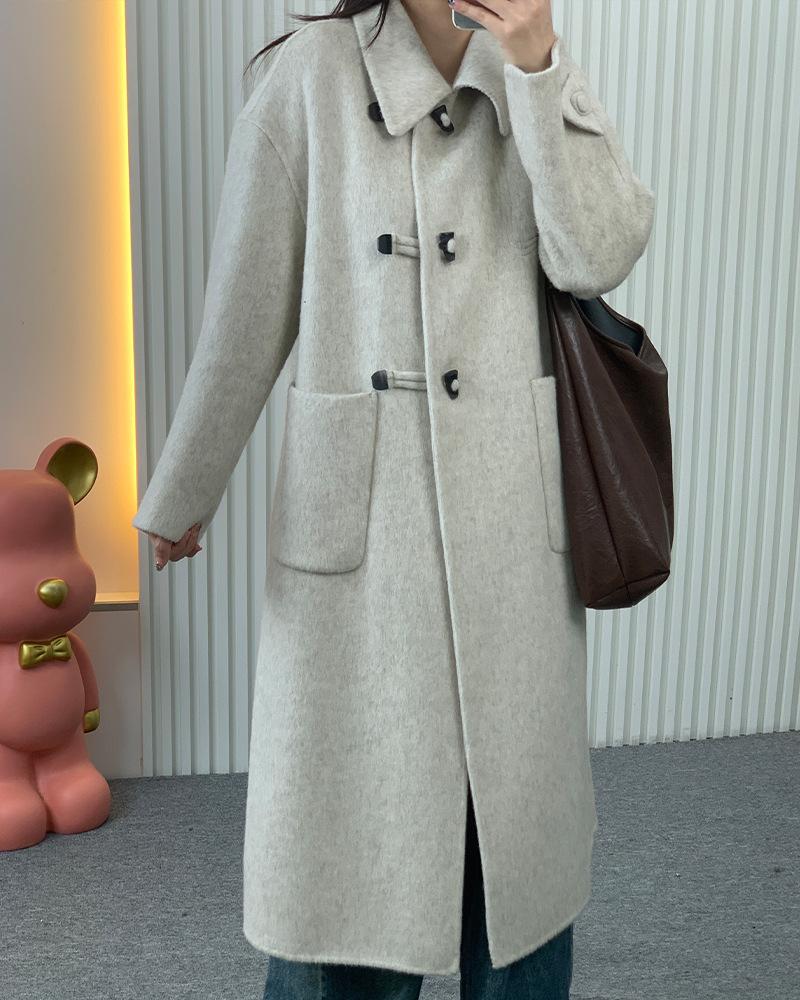

Новое двустороннее кашемировое пальто с роговой пуговицей, с двумя карманами, приталенное, для通勤, шерстяное кашемировое пальто, элегантное M