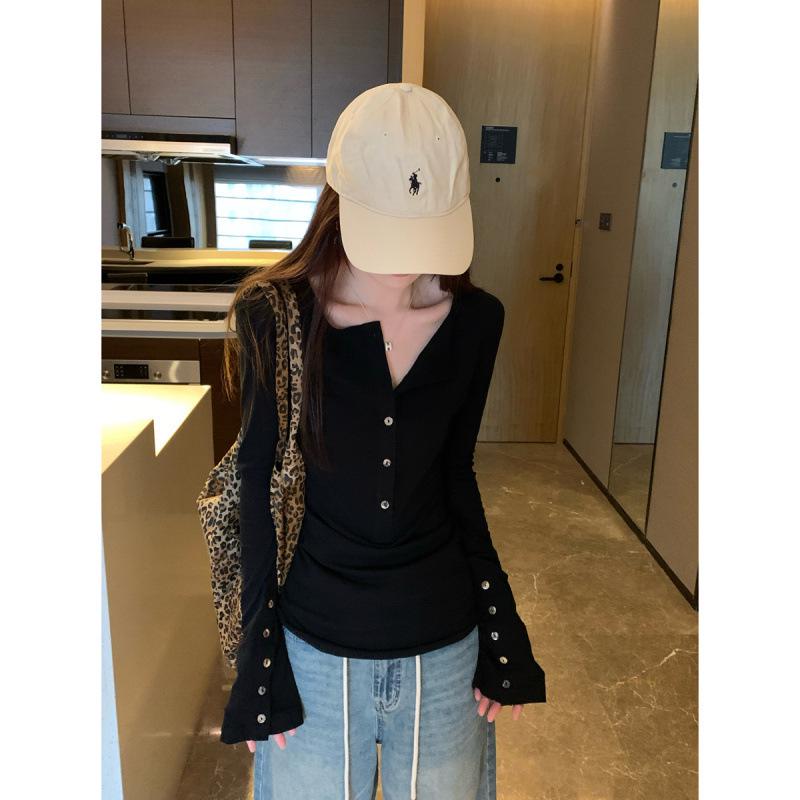 Autumn Korean Style Slimming Long-Sleeve Button-Up T-Shirt