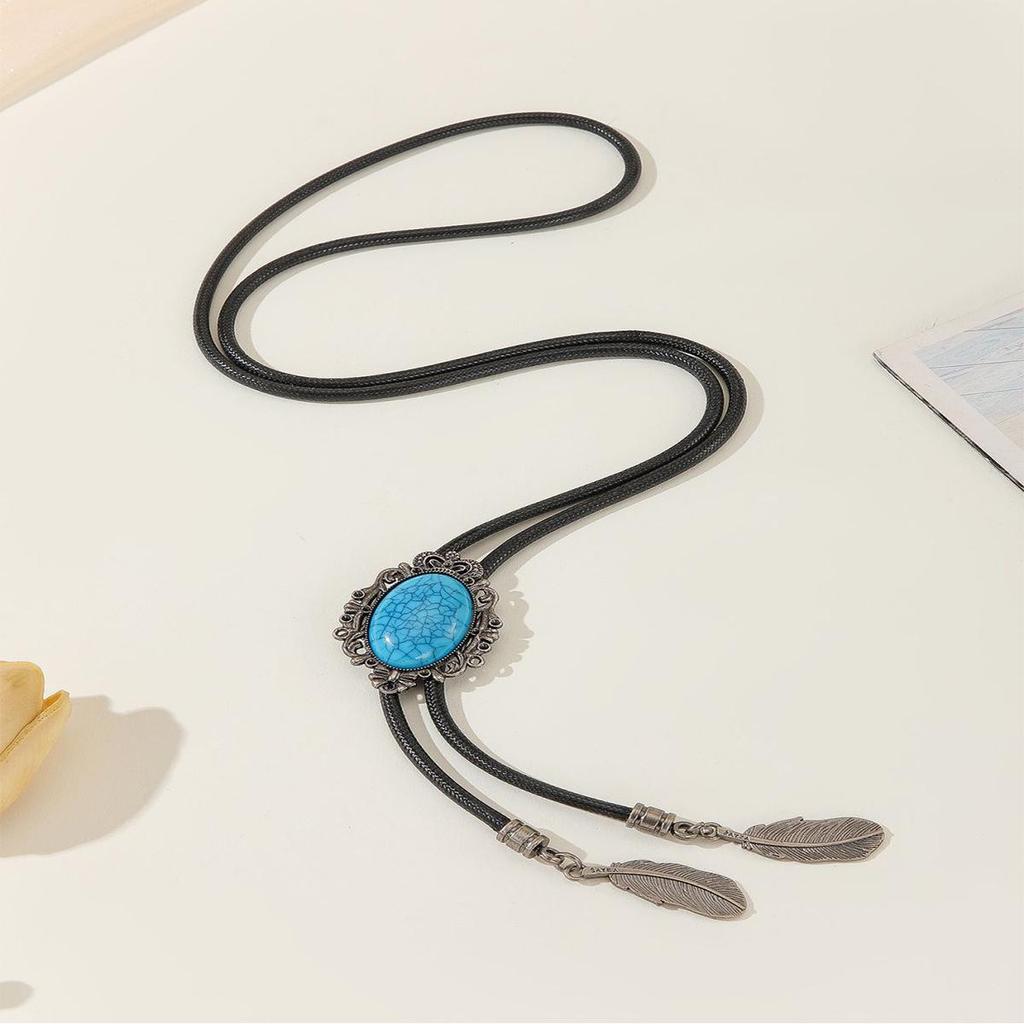 Turquoise Cowboy Bolo Tie Wax Rope Necklace for Men and Women