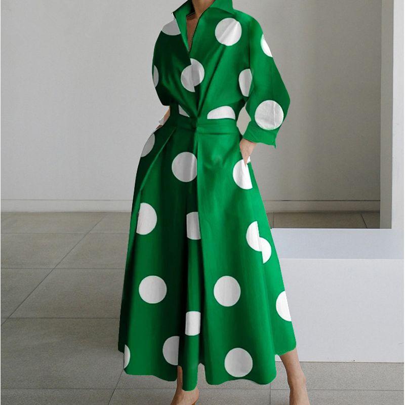 

V-neck Printed Dress Women Fall New Arrival Fashion Long Sleeve V Neck Print Dress Women White dots with green background 2XL
