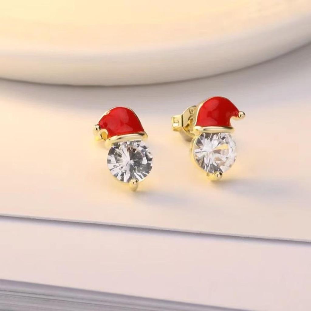 Red Zircon Santa Hat Stud Earrings - Festive Women's Holiday Jewelry Gift